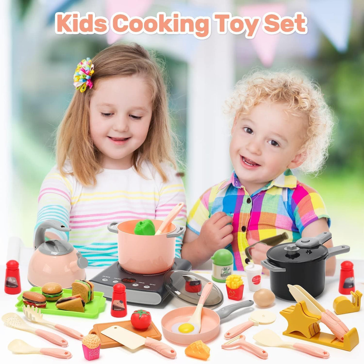 CUTE STONE Play Kitchen Accessories Set, Kids Cooking Toys Set with Play Pots and Pans, Electronic