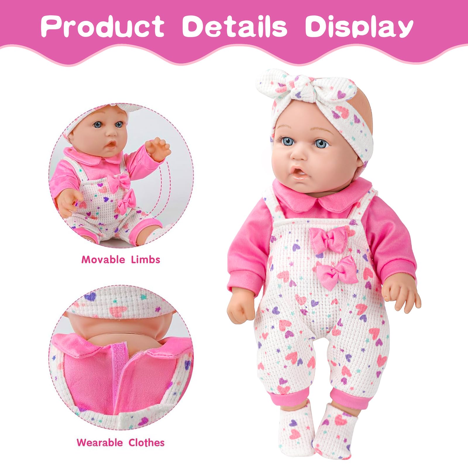 XFEYUE 12" Baby Doll with Pink Bowknot Clothing Set for 3+ Child Girls Gift