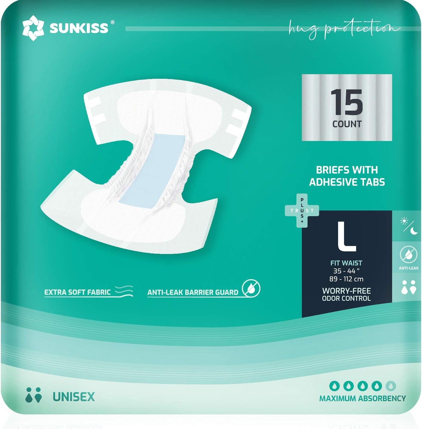 SUNKISS TrustPlus Adult Diapers with Maximum Absorbency, Disposable Incontinence Briefs with Tabs