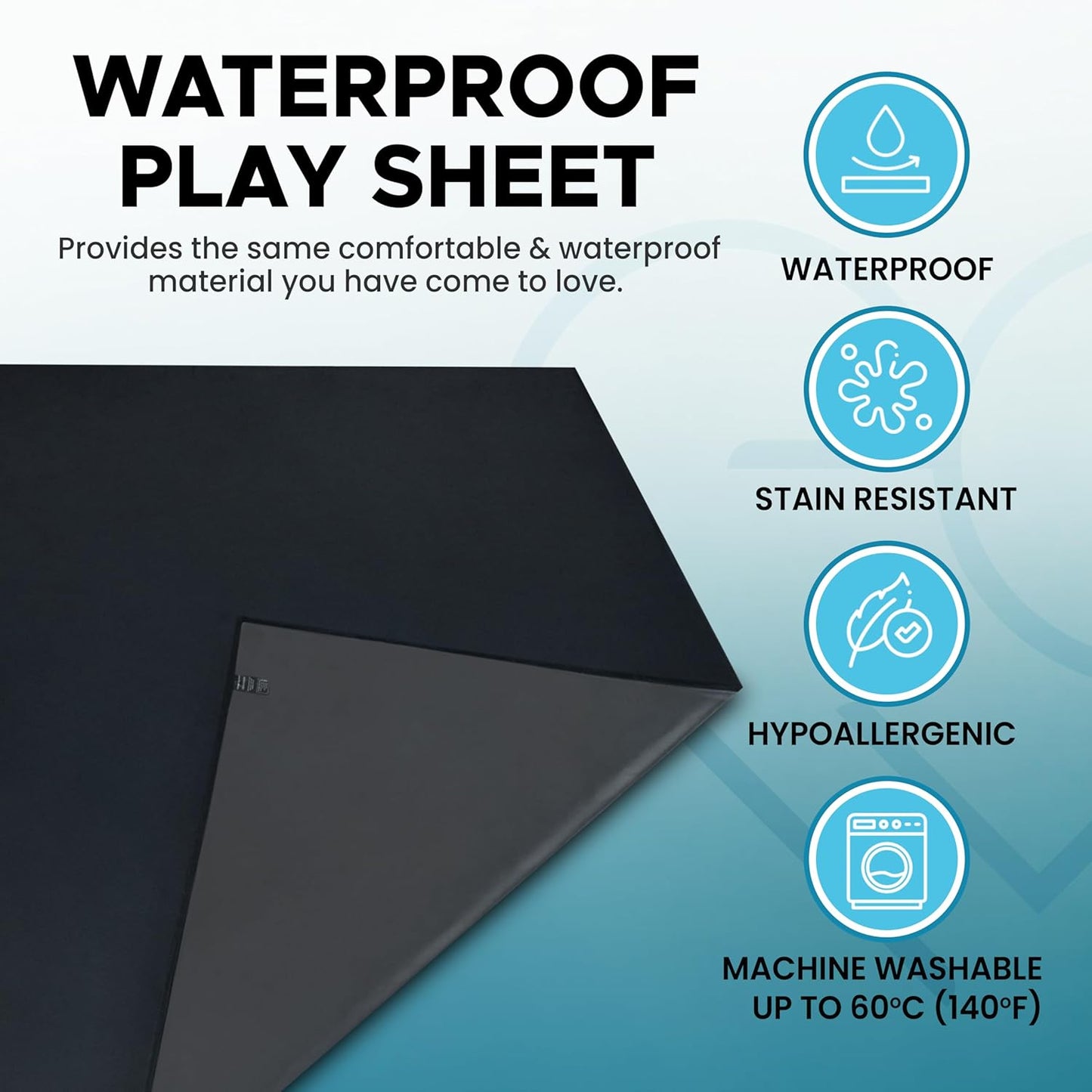 Black Waterproof Flat Play Sheet (79”x79”), Mattress Topper, Protector Cover, Safe with Oil