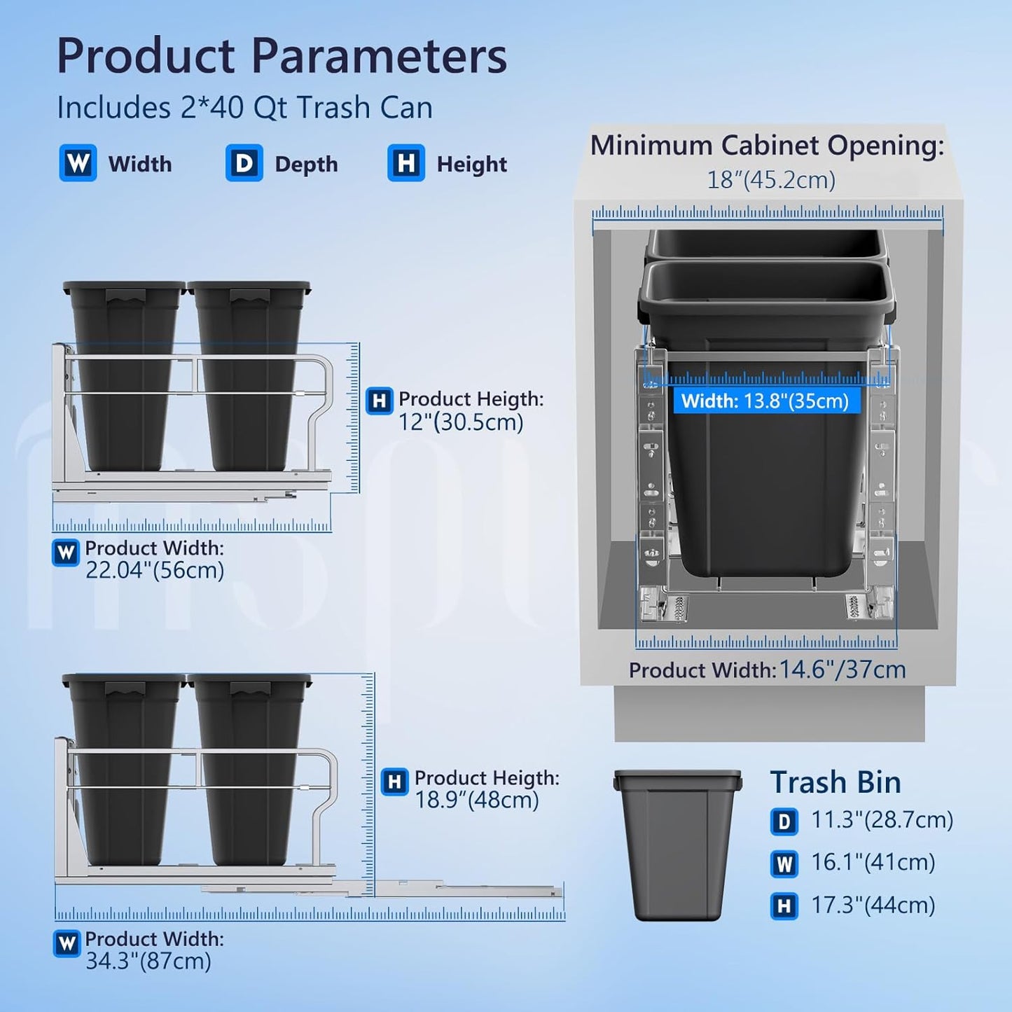 Insputer Double 40QT Pull Out Trash Can Under Cabinet, Heavy Duty Under Sink Garbage Bin Kit with