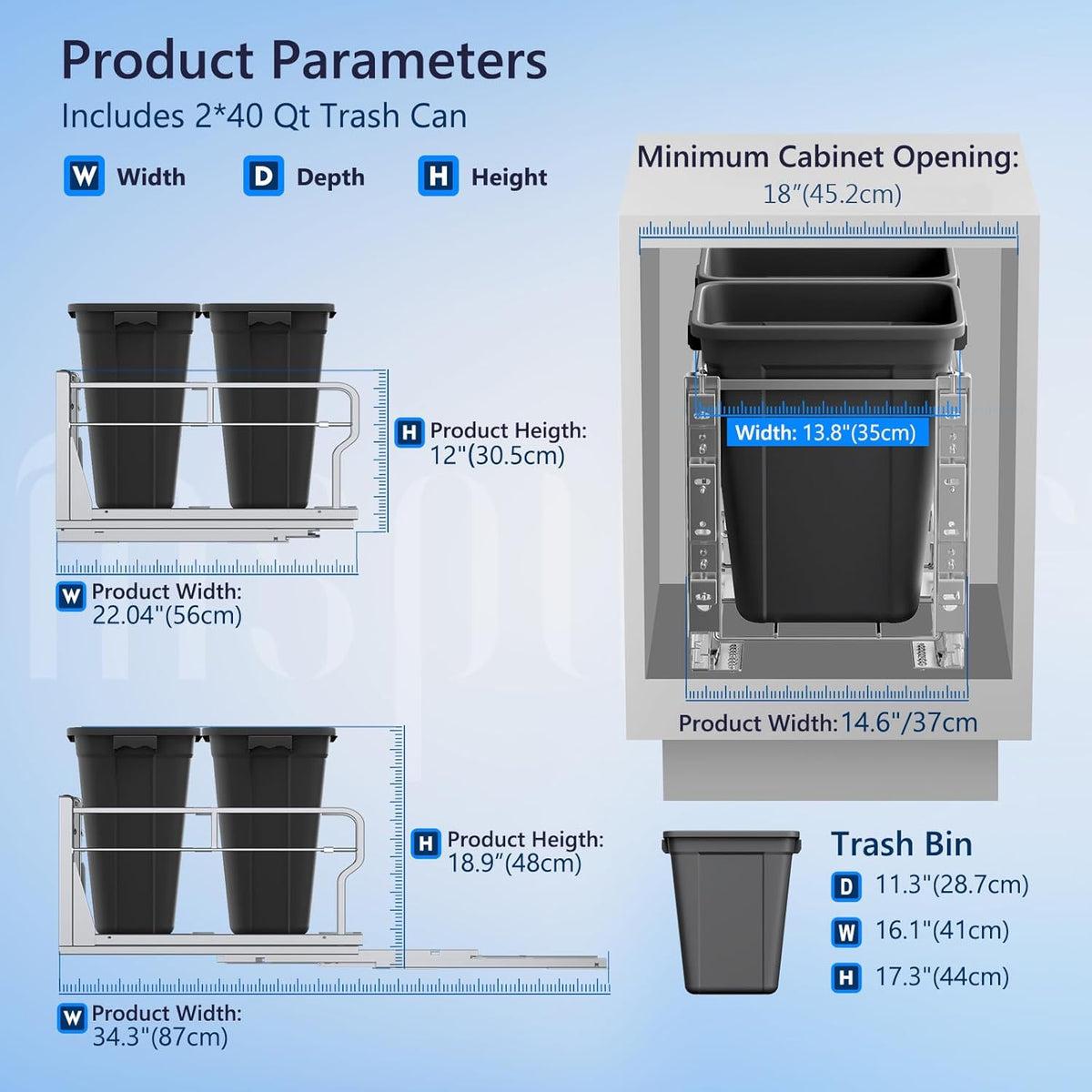 Insputer Double 40QT Pull Out Trash Can Under Cabinet, Heavy Duty Under Sink Garbage Bin Kit with