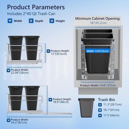 Insputer Double 40QT Pull Out Trash Can Under Cabinet, Heavy Duty Under Sink Garbage Bin Kit with