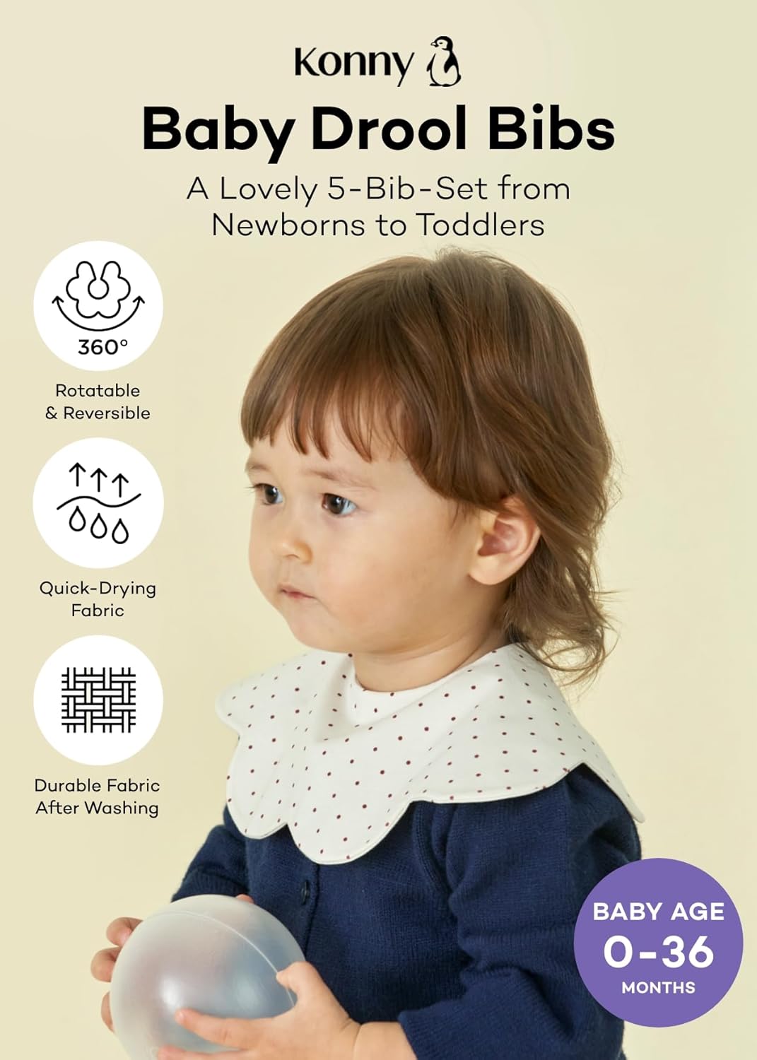 Konny Baby Bibs 5-Pack, 360 ° Rotate, Soft and Absorbent Bandana Drooling for Boys Girls baby