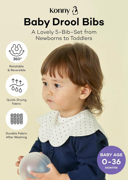Konny Baby Bibs 5-Pack, 360 ° Rotate, Soft and Absorbent Bandana Drooling for Boys Girls baby
