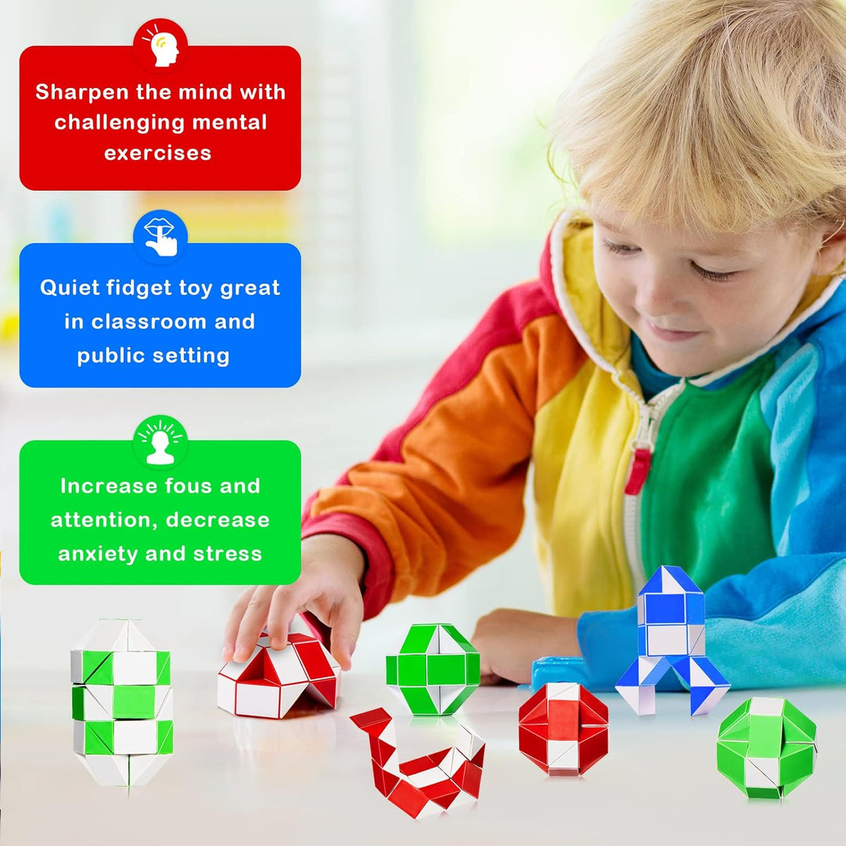 60 Pack Sensory Fidget Snake Cube 24 Blocks Twist Puzzles Toys Mini Snake Fidget Toy for Kids Teens