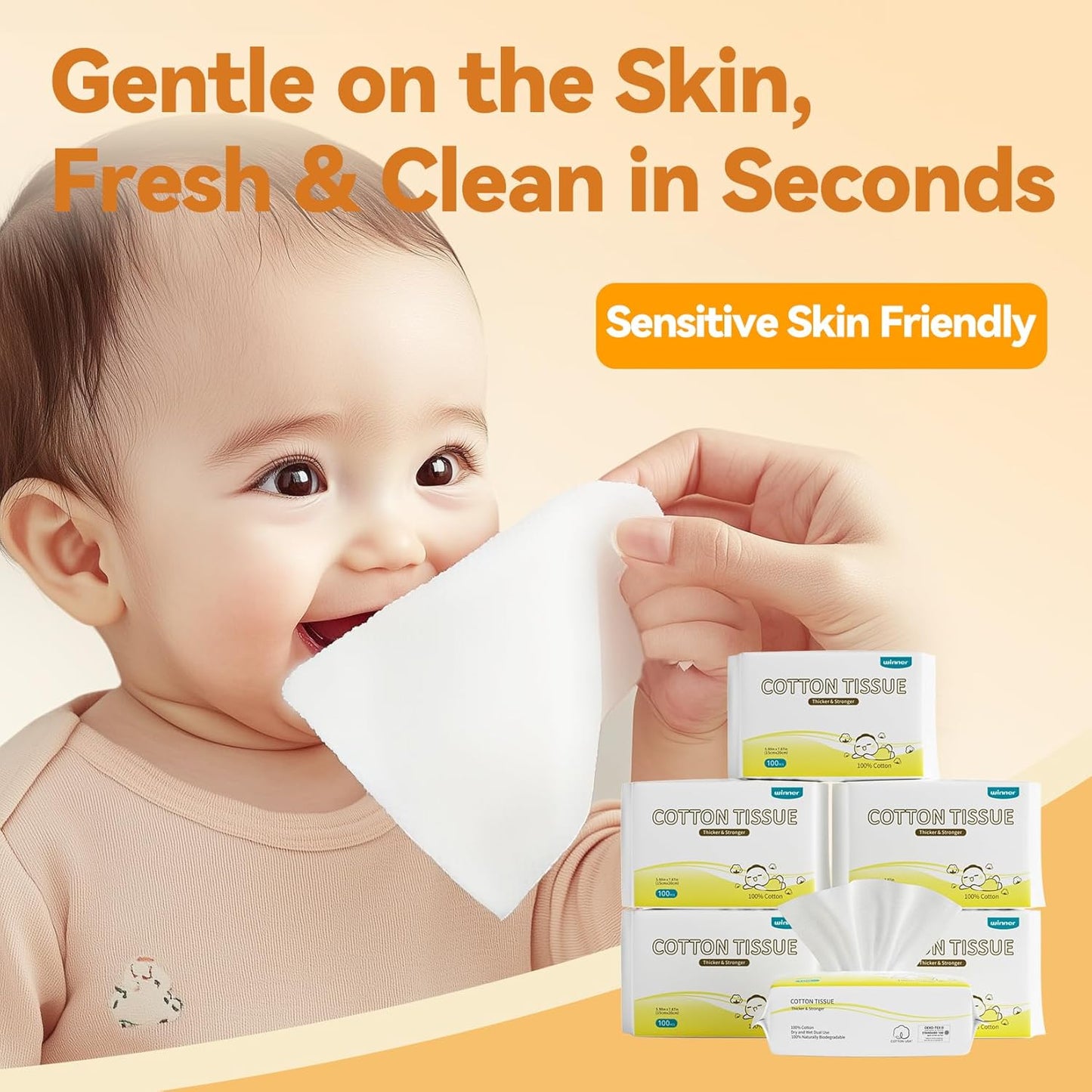 Winner 100% Cotton Dry Wipes, USDA Certified Baby Wipes, 600 Count, Soft & Gentle, Hypoallergenic &