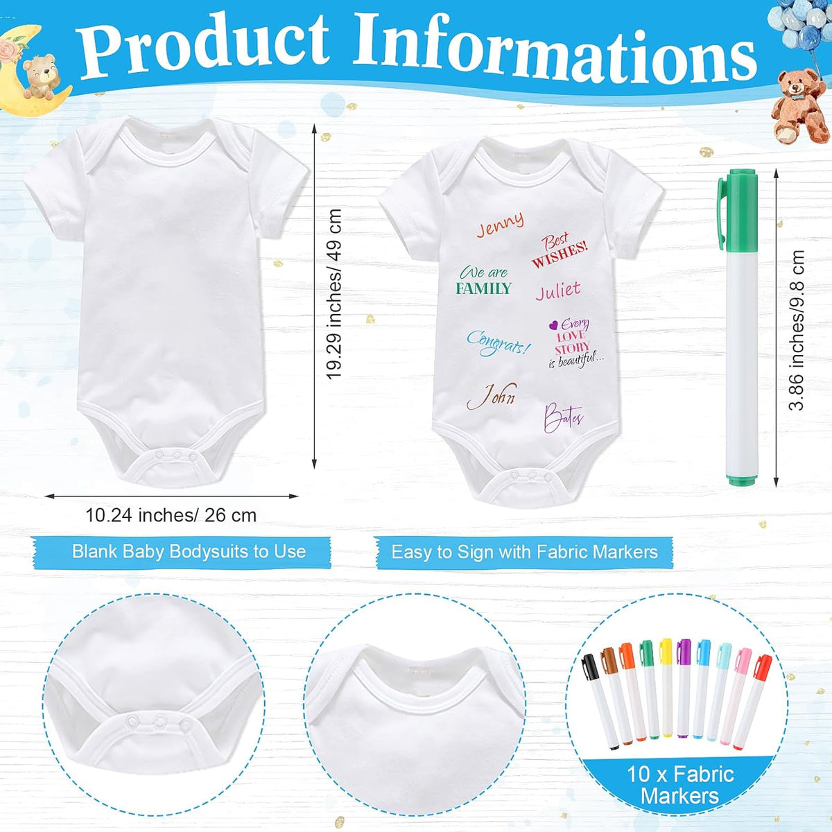 Qunclay 12 Pcs Baby Bodysuit Baby Shower Game Include 1 Game Wooden Sign Tabletop Decor 1 White