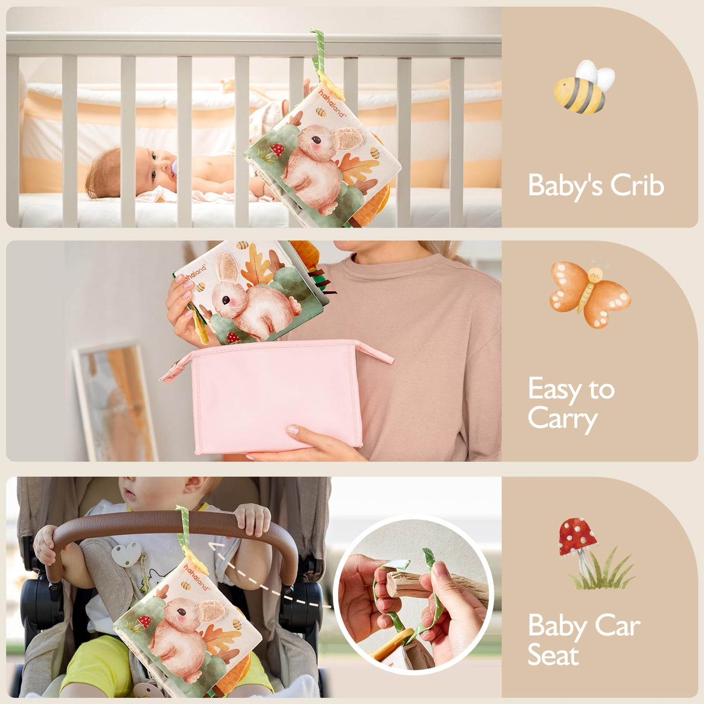 hahaland Baby Soft Cloth Crinkle Books Touch and Feel Sensory Infant Toy