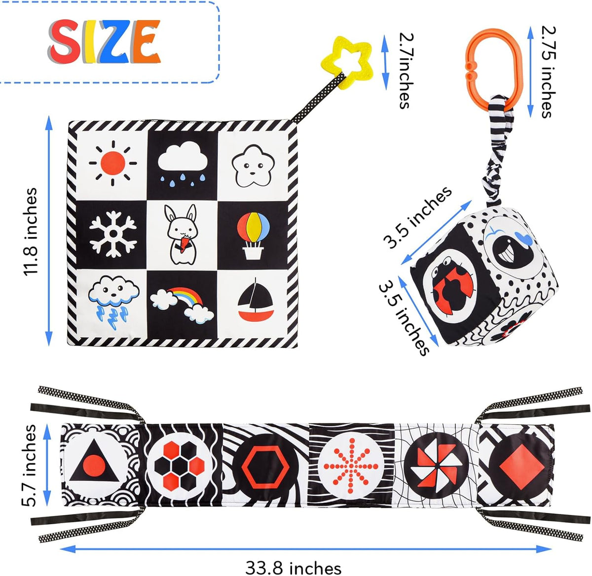 SAMMAS 3 Pcs Black and White High Contrast Baby Toys, 0-6 Months, Sensory Soft Book, Montessori