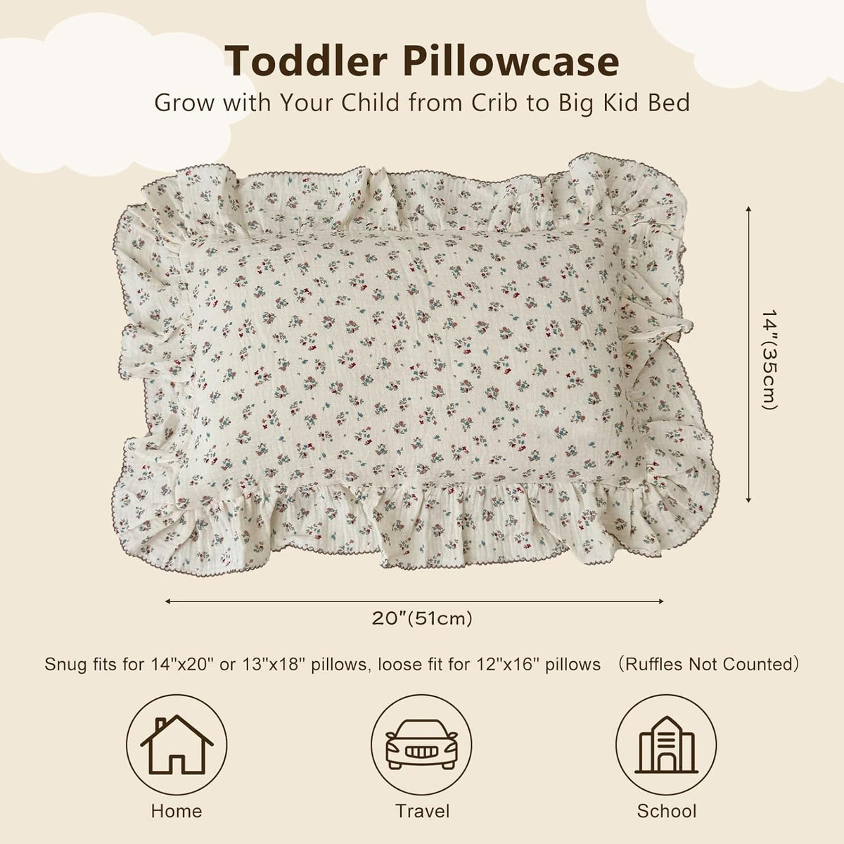 BuLuTu Cute Floral Print Pillowcases for Toddler Girls Boys, 14"x20", 1 pc, 2 Layers Muslin Cotton