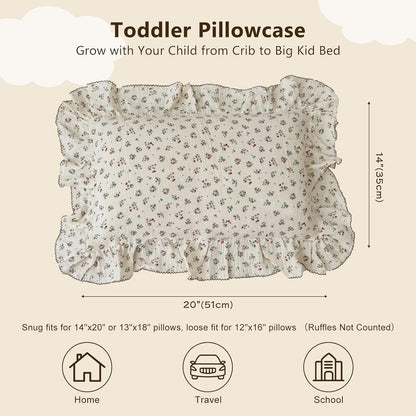 BuLuTu Cute Floral Print Pillowcases for Toddler Girls Boys, 14"x20", 1 pc, 2 Layers Muslin Cotton