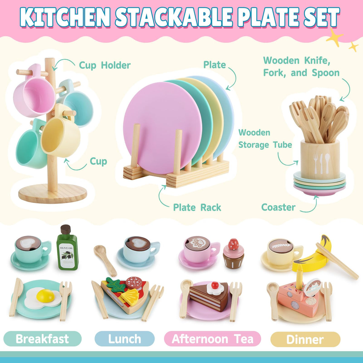 GAGAKU Kids Wooden Play Dishes Set -27Pcs Montessori Play Kitchen Accessories Plates and Bowls Set