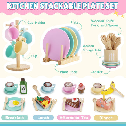 GAGAKU Kids Wooden Play Dishes Set -27Pcs Montessori Play Kitchen Accessories Plates and Bowls Set