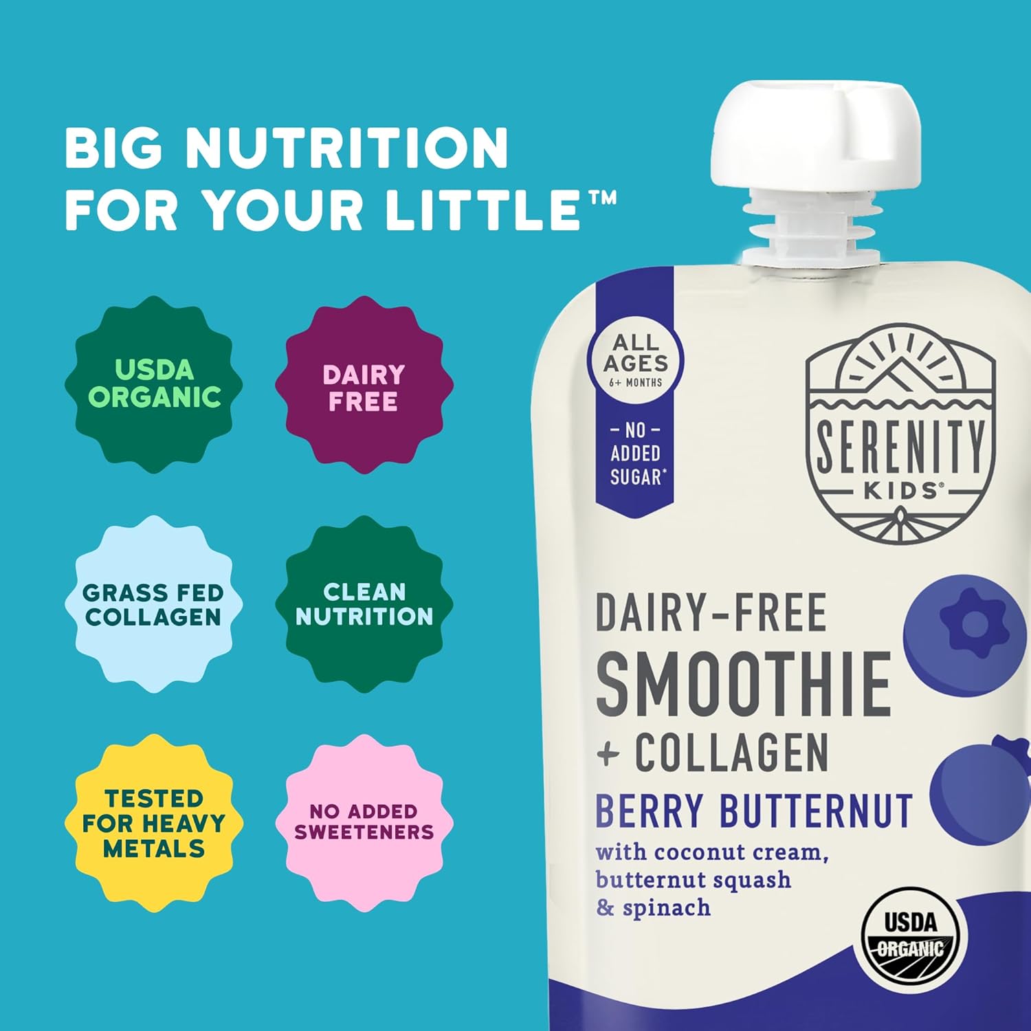 Serenity Kids 6+ Months Dairy-Free Smoothie Baby Food | USDA Organic | Grass Fed Collagen Protein |