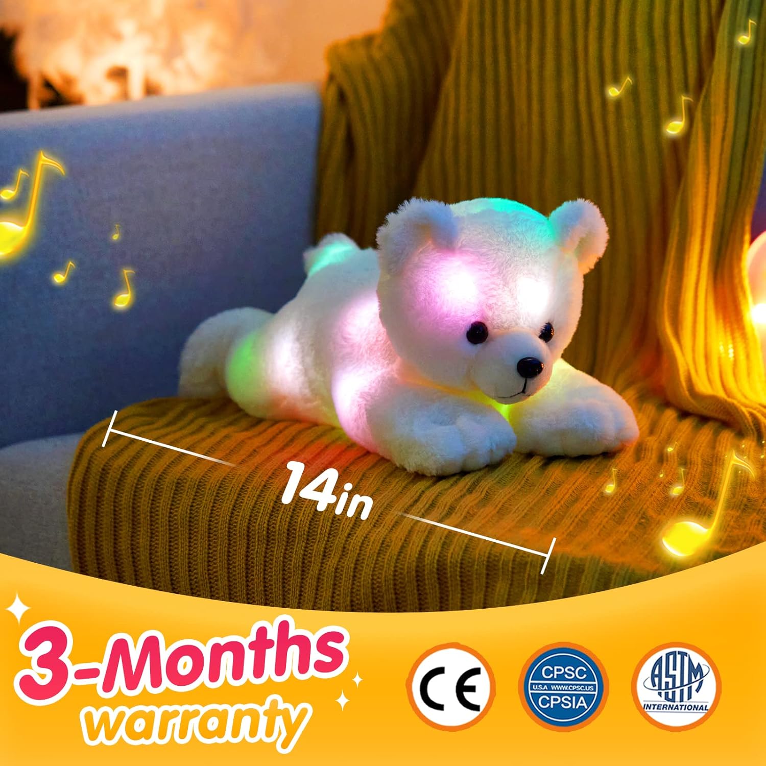 Glow Guards 14" Musical Light up Polar Bear Stuffed Animal,LED Singing Soft Plush Toy with Rainbow