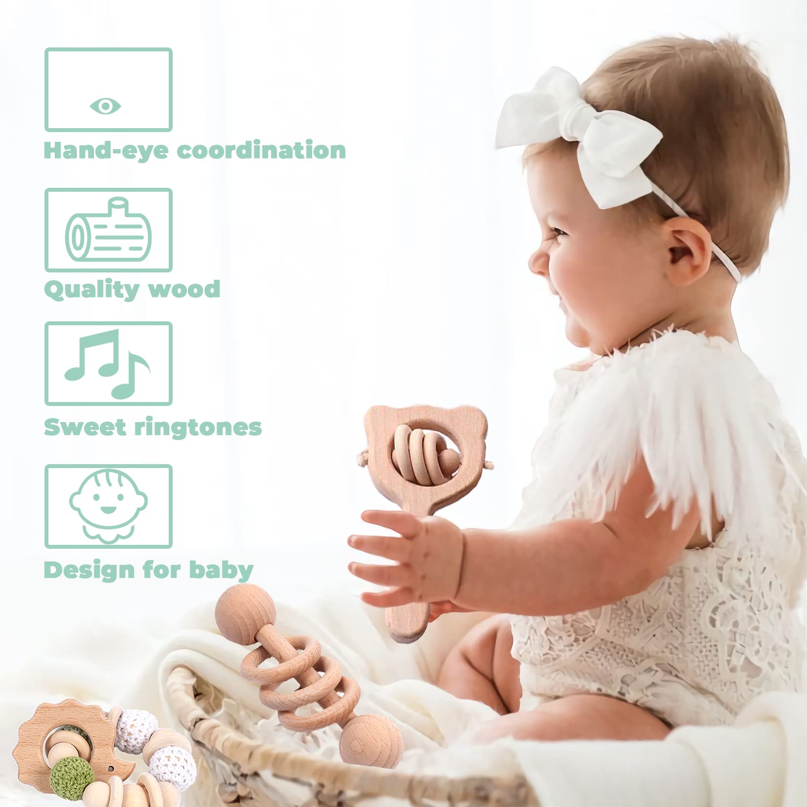 6 Pieces Toy Set- Wooden Baby Toys for Babies 0-6 Months,Wooden Toys for Babies Rattles with