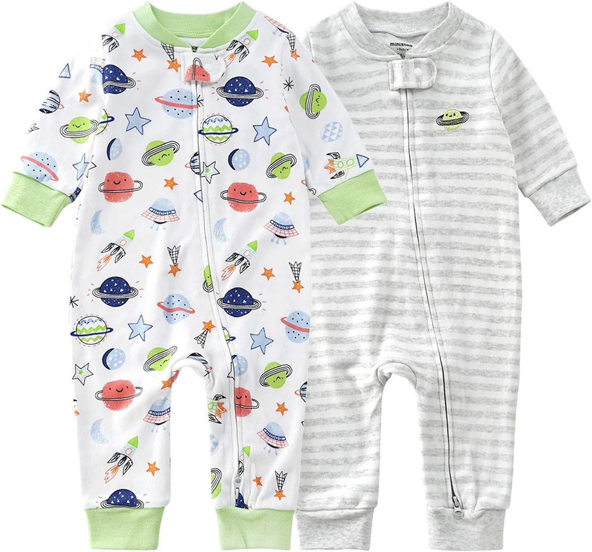 Teach Leanbh Baby 2-Pack Footless Pajamas Cotton Long Sleeve Printing 2 Way Zipper Romper Jumpsuit