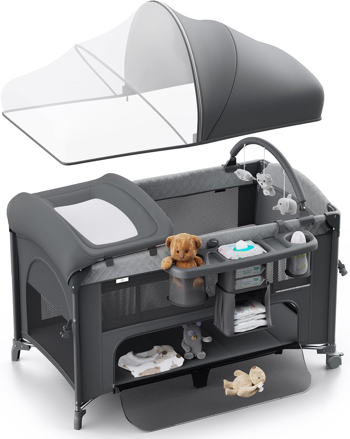 4 in 1 Baby Bassinet, Pack and Play, Bedside Crib Sleeper, Diaper Changer - Comes with Mattress