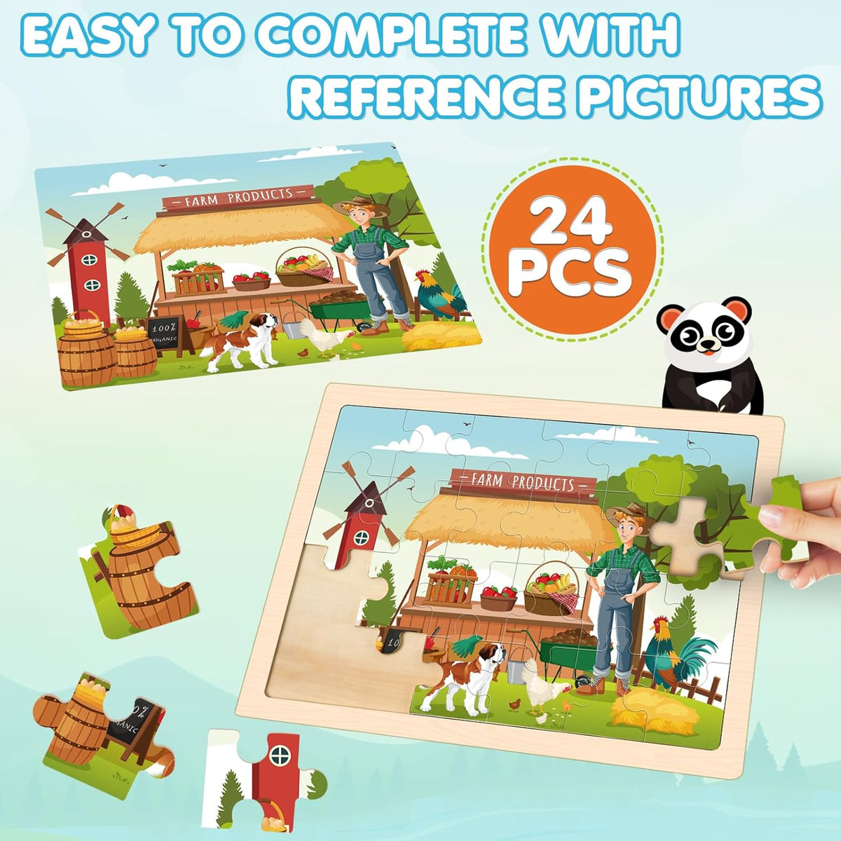 4-in-1 Farm Wooden Puzzles for Kids Ages 4-6, 24 PCS Wooden Jigsaw Puzzles for Toddlers Ages 2-4