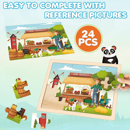 Wooden Farm Puzzles for Kids Age 3 4 5 Year Old, 4 Pack 24 Pcs Montessori Toddler Jigsaw Puzzles
