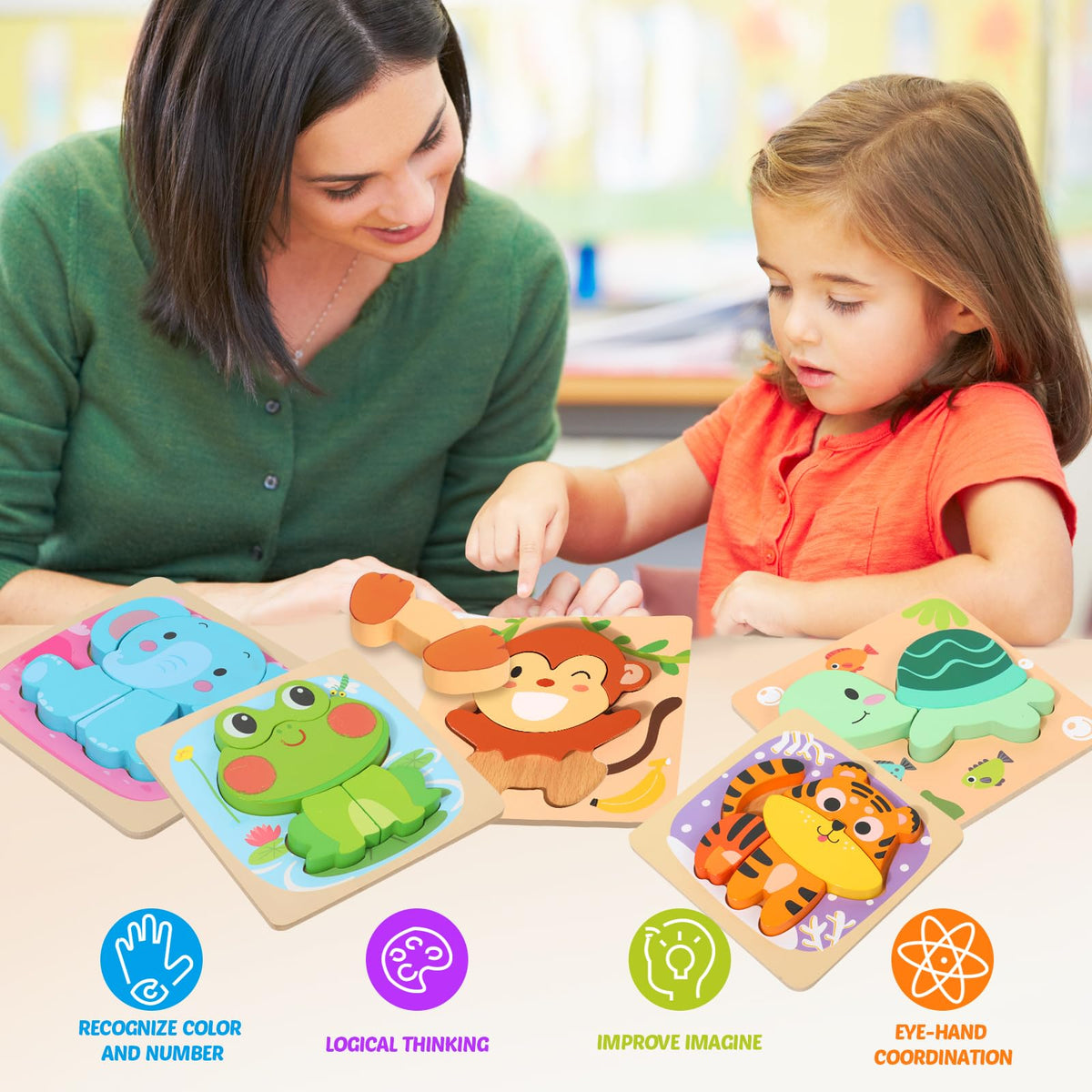 edutree Wooden Puzzles for 2-4, 6 Pack Animal Shape Puzzle Montessori Toys for 2 3 4 Year Old