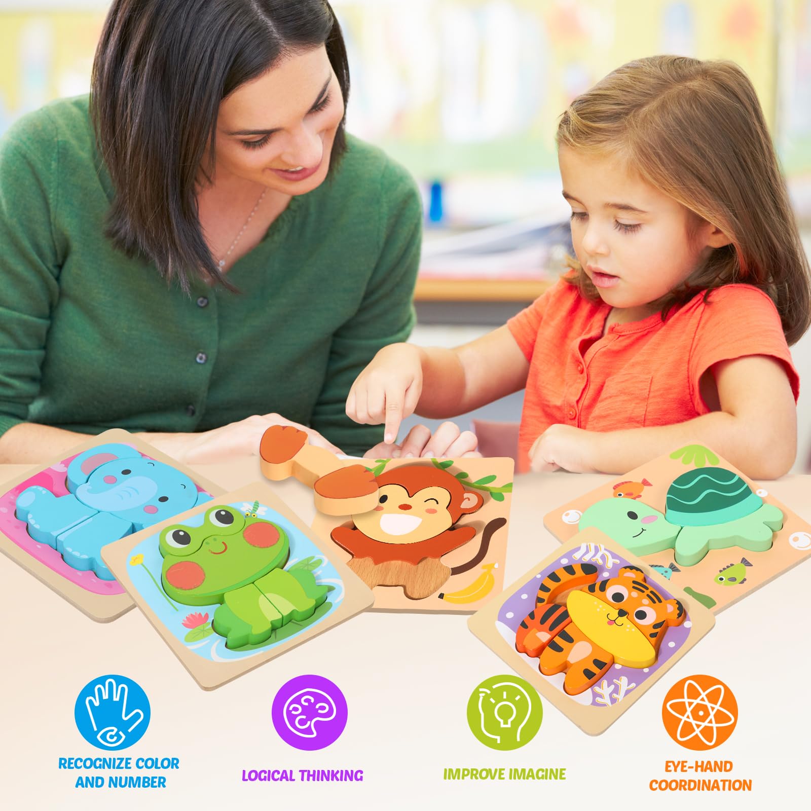 edutree Wooden Puzzles for 2-4, 6 Pack Animal Shape Puzzle Montessori Toys for 2 3 4 Year Old