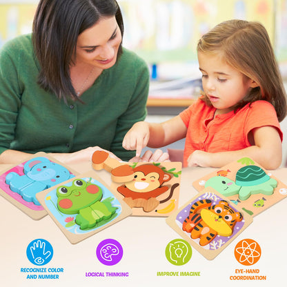 edutree Wooden Puzzles for 2-4, 6 Pack Animal Shape Puzzle Montessori Toys for 2 3 4 Year Old