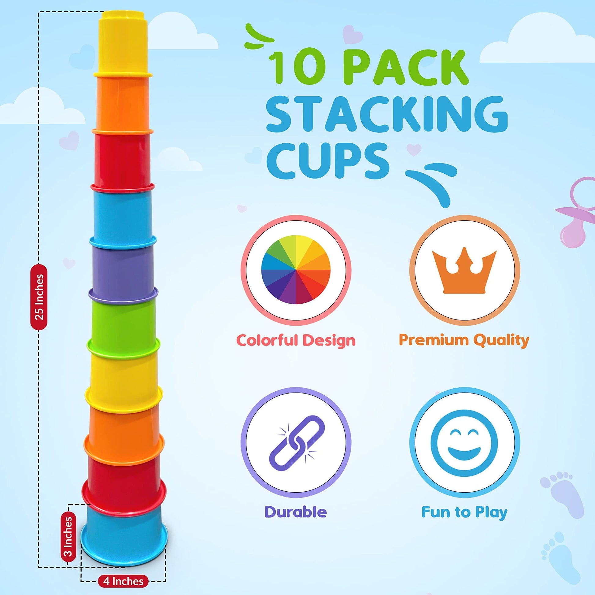 KIDSTHRILL Rainbow Colors Baby Stacking Cups for Toddlers, Tall Baby Stacking Toys Nesting Cups