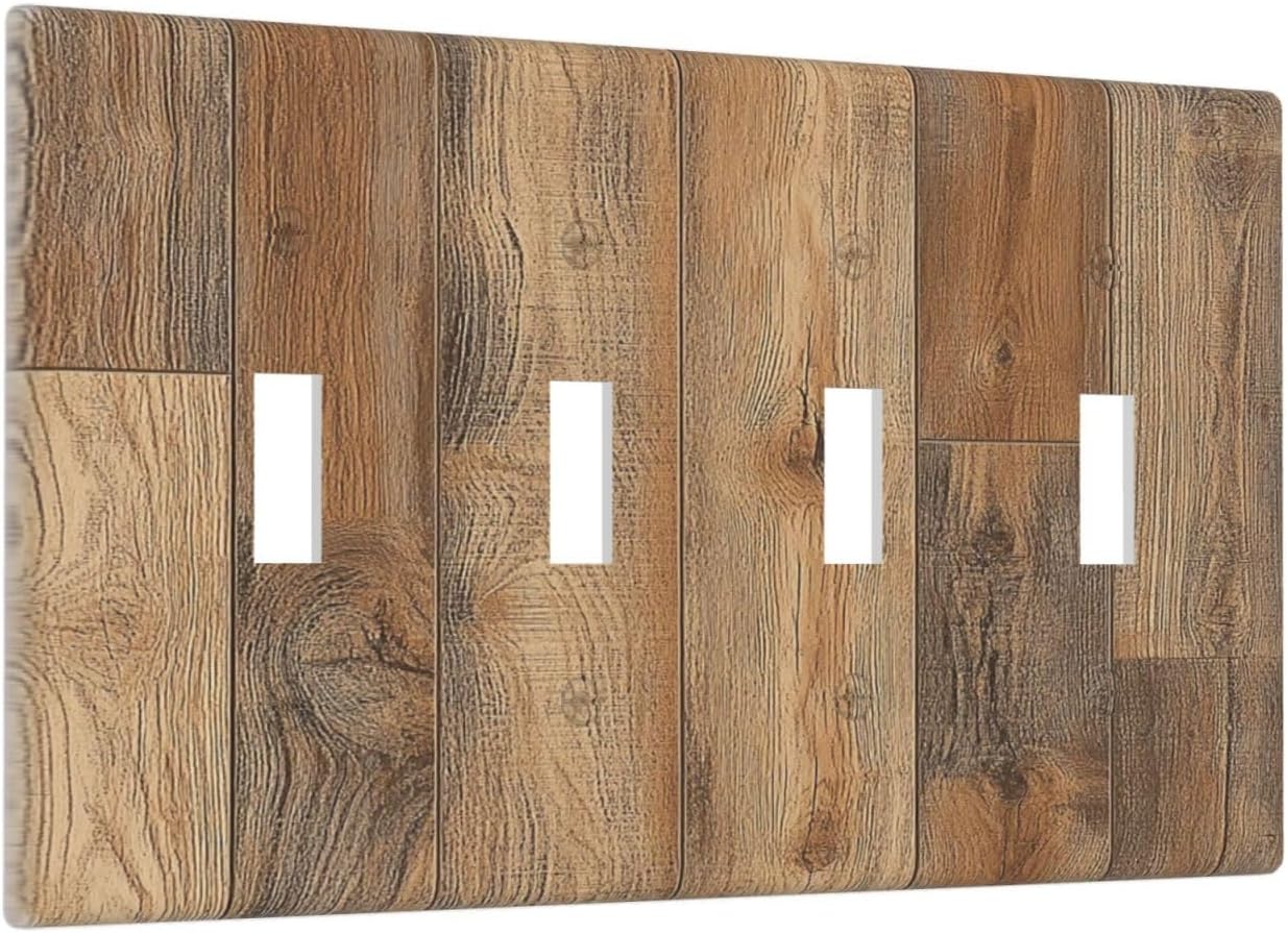 Light Switch Covers Retro Rustic Brown Wood Grain Quad Toggle Electrical Faceplate 4 Gang Wall