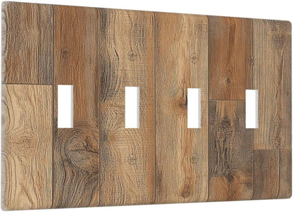 Light Switch Covers Retro Rustic Brown Wood Grain Quad Toggle Electrical Faceplate 4 Gang Wall