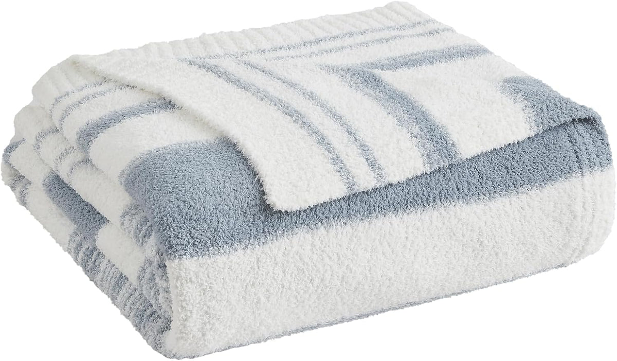 WRENGONGE Grey Blue Throw Blanket, 60x80 Soft Cozy Striped Throw Blankets for Couch, Sofa, Bed