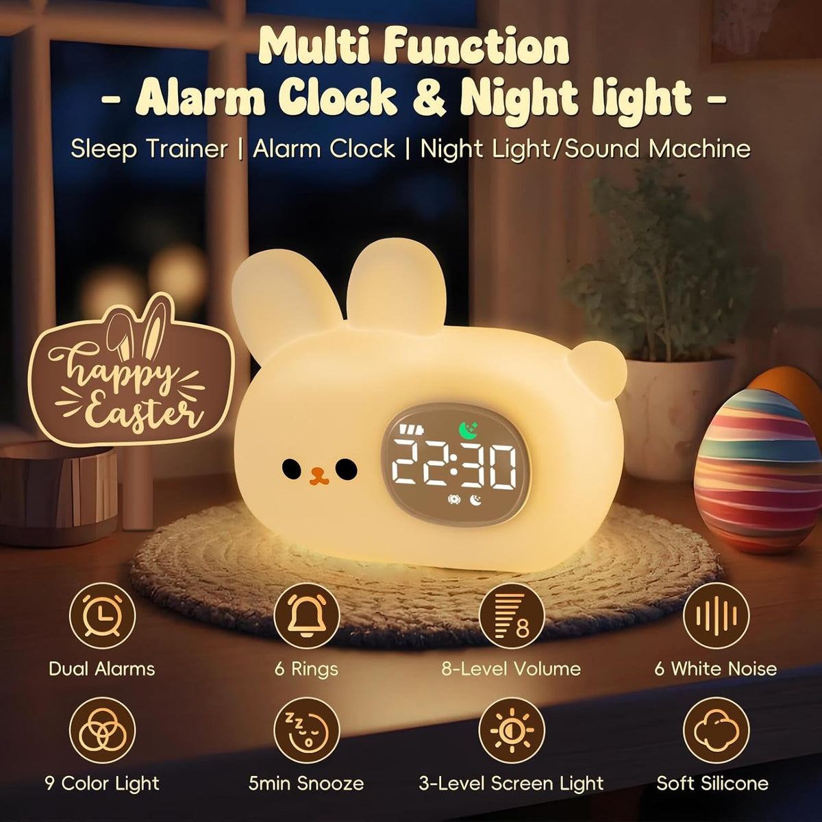 Bunny Alarm Clock with Night Light for Kids with Sleep Training and Sound Machine, Rechargeable