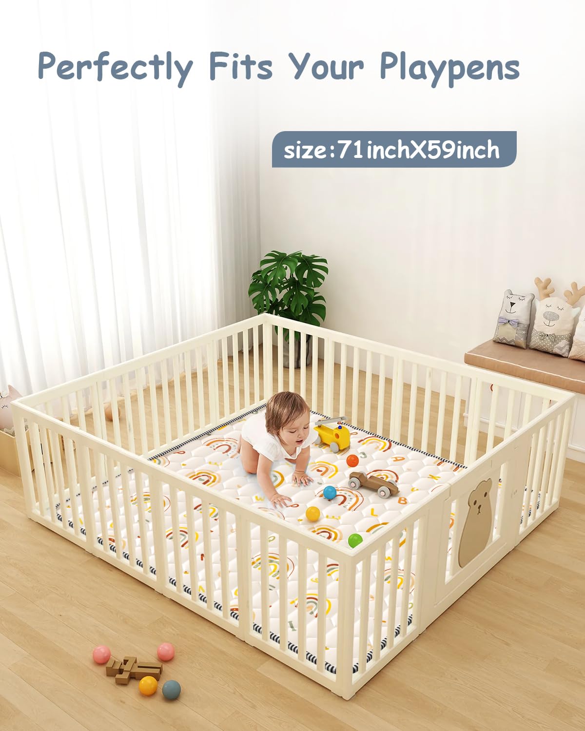 Boho Rainbow Baby Play Mat 71" X 59" Playpen Mat Thicken One-Piece Crawling Mat Non-Slip Cushioned