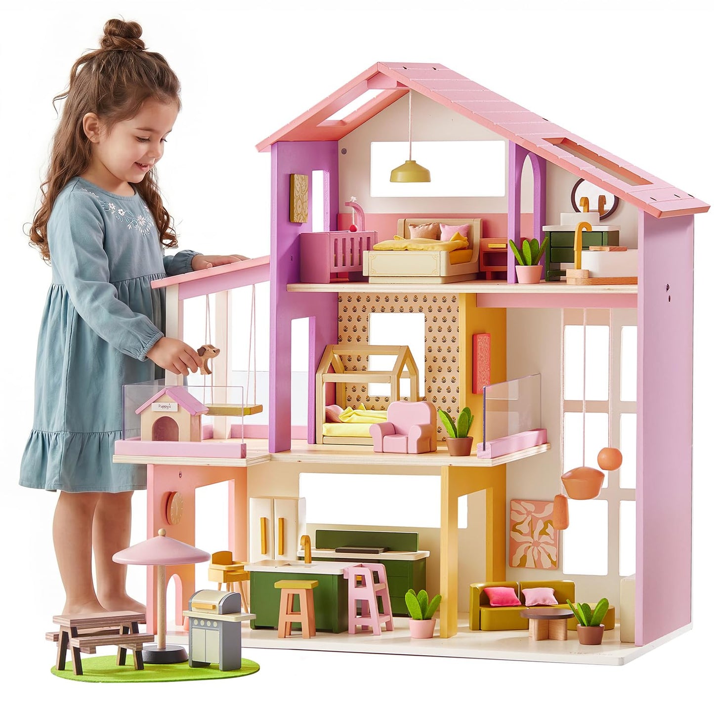 Tiny Land Wooden Doll House, Modern Family Dollhouse with Realistic Design