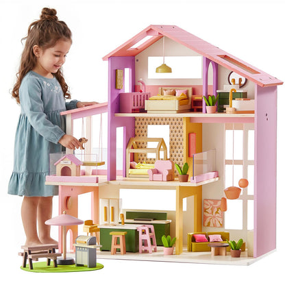 Tiny Land Wooden Doll House, Modern Family Dollhouse with Realistic Design