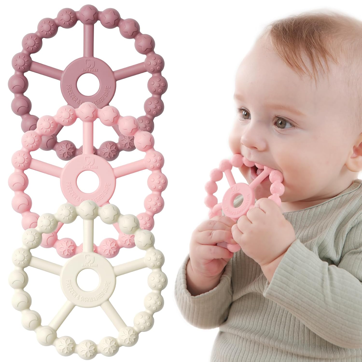 3 Pack Ring Teether Baby Infant Toys, Baby Essentials, Silicone Teething Ring Toys for Babies 0-6