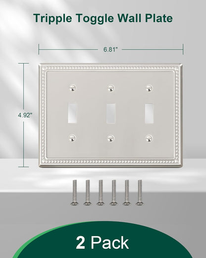 2-Pack Triple Toggle Light Switch Cover Plate, Pearls Decorative Switch Plate Covers, Brushed