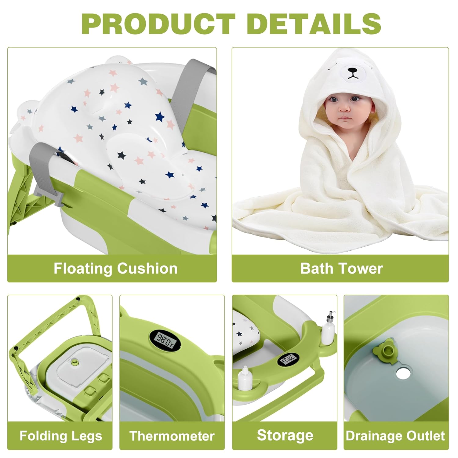 MoreFeel Collapsible Baby Bathtub for Newborn with Thermometer & 1 Hooded Towel & 1 Soft Floating