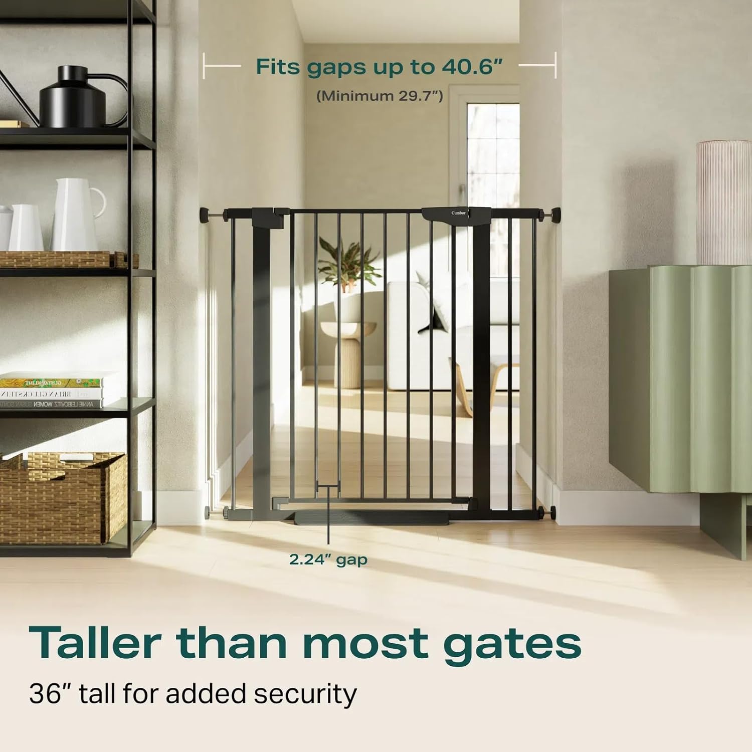Cumbor 36" Extra Tall Baby Gate for Dogs and Kids with Wide 2-Way Door, 29.7-40.6" Width, and Auto