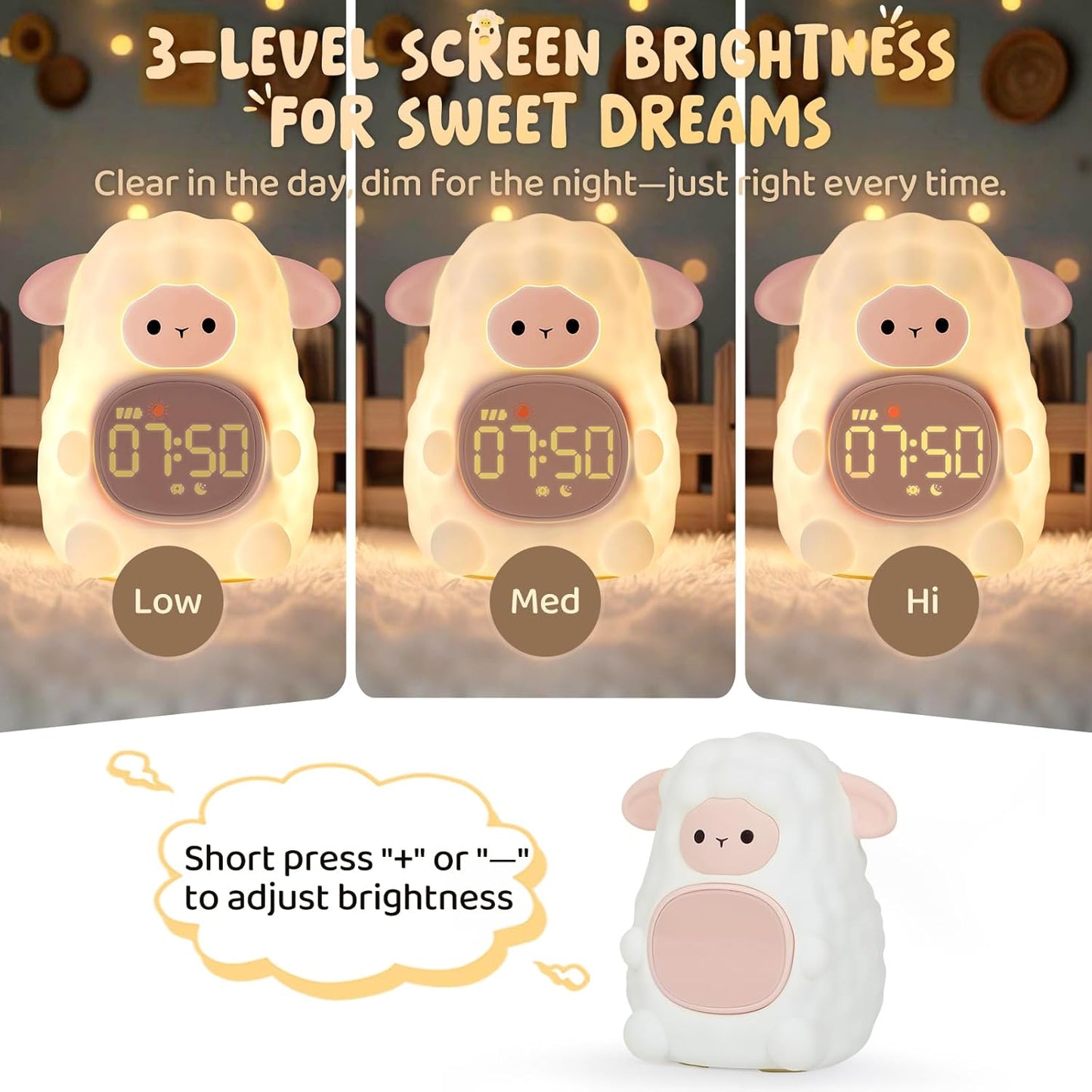 Sheep Alarm Clock with Night Light for Kids with Sleep Training and Sound Machine, Rechargeable