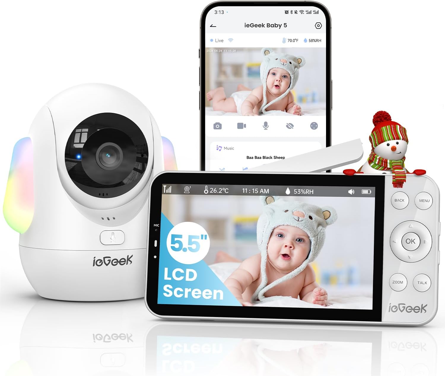 ieGeek 5.5" Baby Monitor,Audio Monitor with 2.5K Ultra HD 2.4G&5Ghz WiFi Camera,Night Light,Face