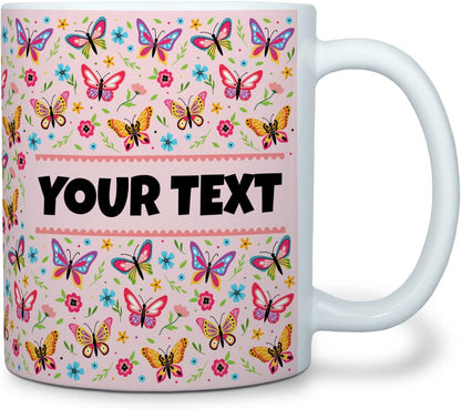 Personalized Mug for Kids - Butterflies - Custom Name/Text, Ceramic Hot Chocolate/Cocoa/Coffee Cup