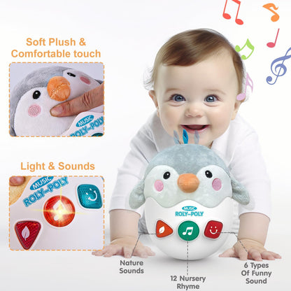 Infant Toys 0-3-6-12 Months Shower Gifts, Plush Cute Stuffed Animal Penguin Musical Baby Tummy Toys