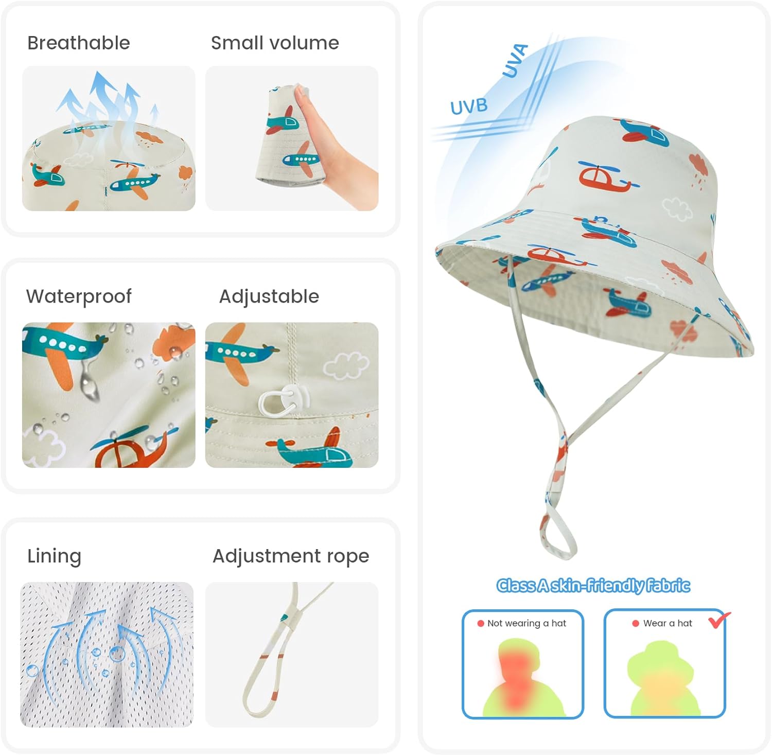 Baby Sun Hat 0-6 Years Toddler Boys Girls Adjustable Bucket Hats Kids Bucket Hats UPF 50+ Wide Brim