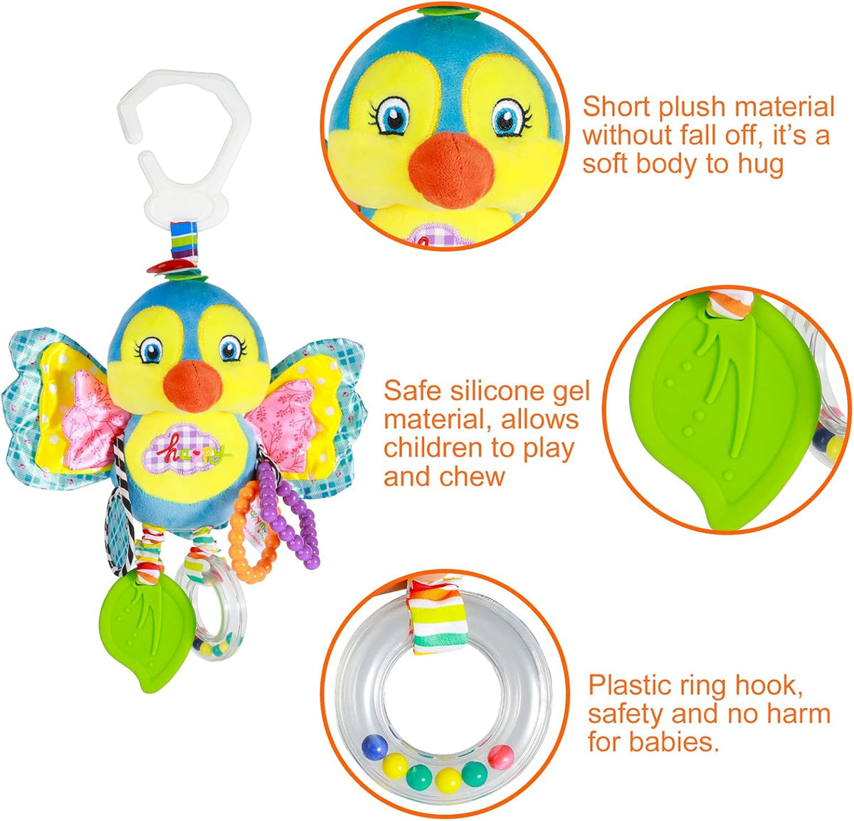 Baby Stroller and Car Seat Toys for Infant - Hanging Rattle Teether Clip on Soft Plush Baby Toys