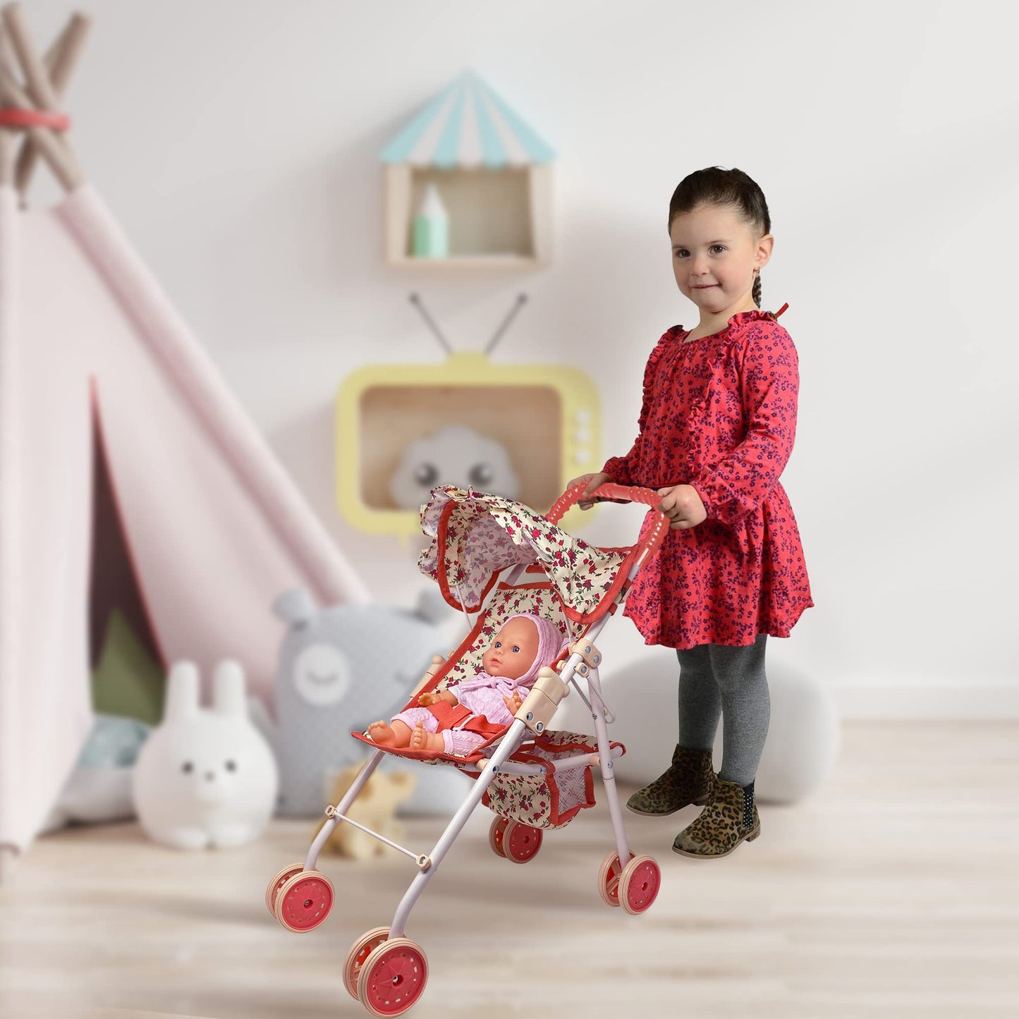 My First Baby Doll Stroller for Toddlers 3 Year Old Girls, Little Kids | Toy Stroller with Bottom