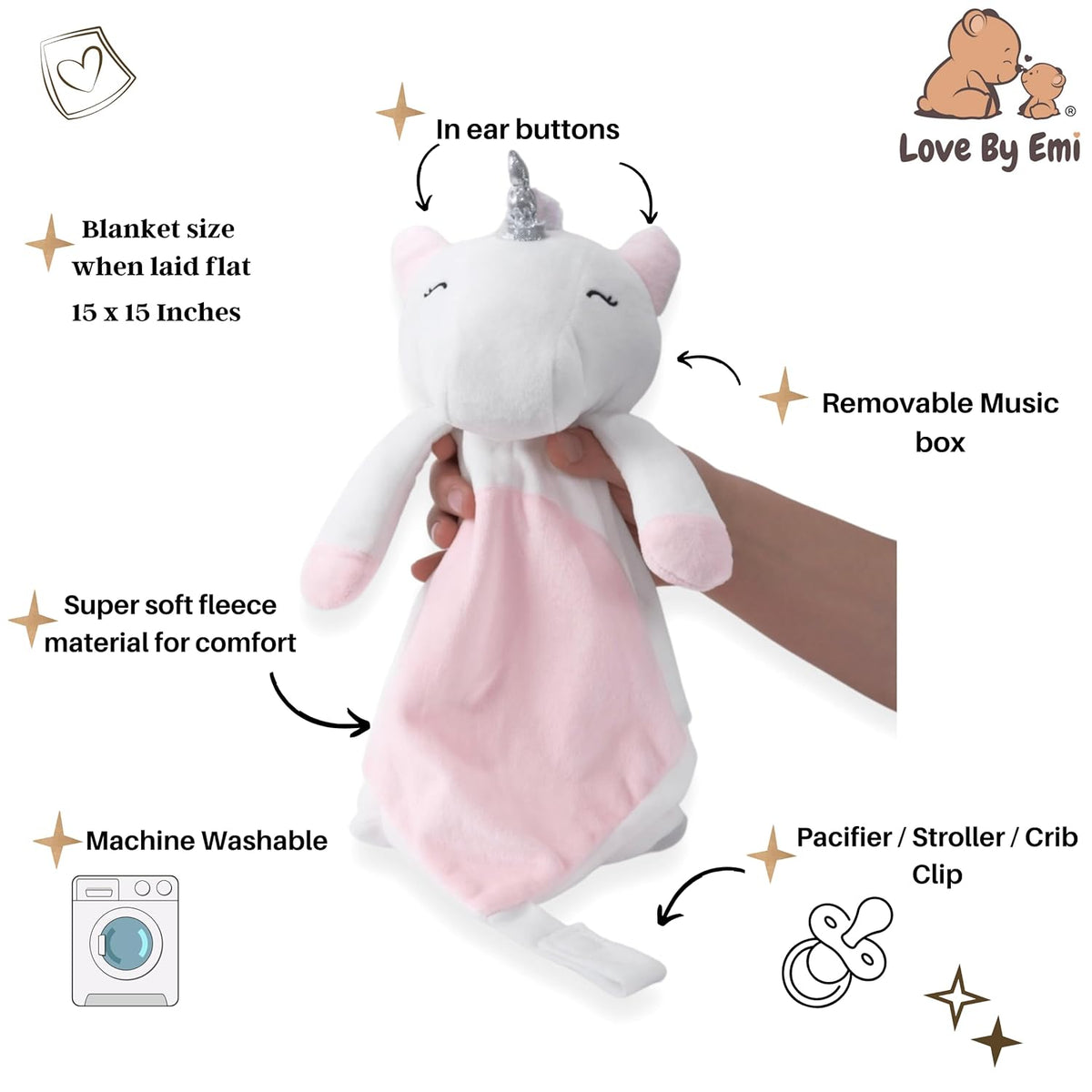 4-in-1 Sound Machine, Baby Lovey, Blanket - White Noise & Lullaby Plush Unicorn Calms & Reduces