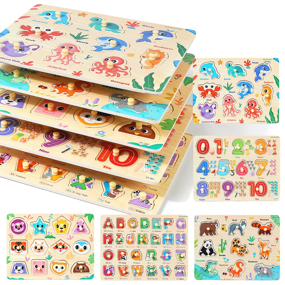 GRINNNIE Wooden Puzzles for Toddlers 3 4 5 Years Old, Montessori Toddler Toys 5PCS Peg Puzzles with