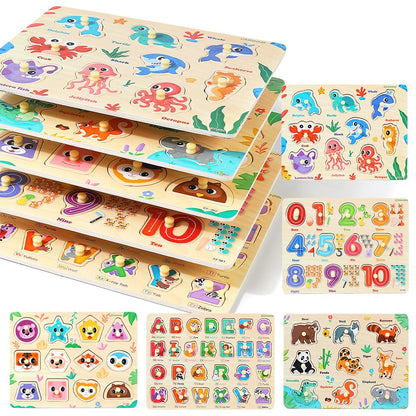 GRINNNIE Wooden Puzzles for Toddlers 3 4 5 Years Old, Montessori Toddler Toys 5PCS Peg Puzzles with